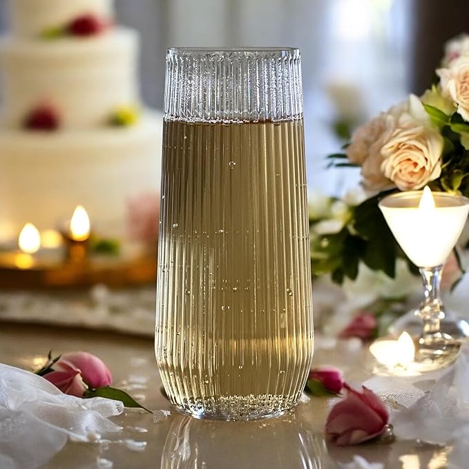 24 Pack Ribbed Ripple Stemless Toasting Glasses, Origami Durable 9 Oz BPA-Free Disposable Plastic Champagne Flutes for Weddings, Bars, Events, and Celebrations (Clear)-CasaMuseHome