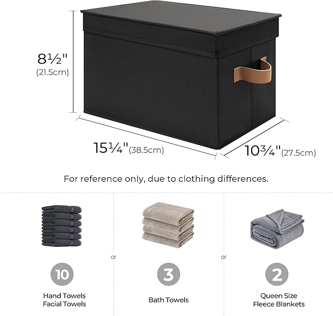 StorageWorks Large Storage Bins with Lids, Decorative Storage Boxes with Lid and PU Handles, Foldable Storage Baskets for Closet, Shelves, Stackable, Black, 3-Pack-CasaMuseHome