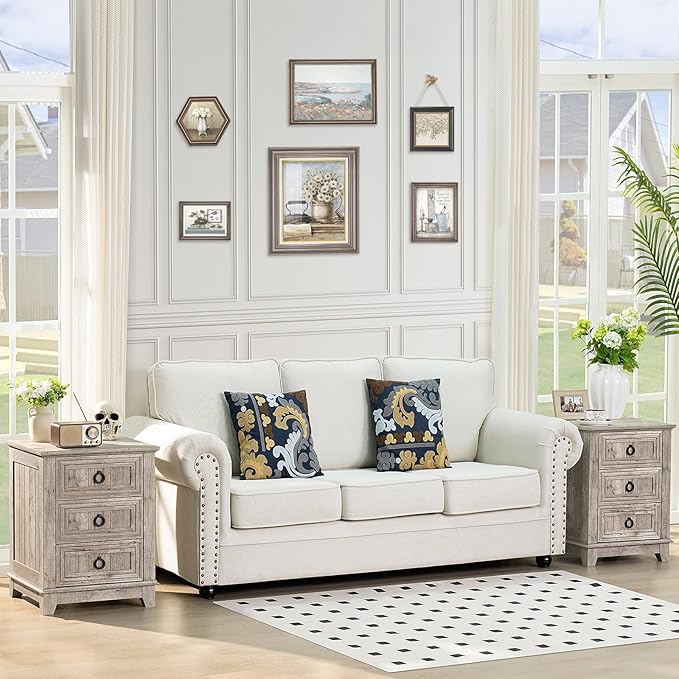 18" Farmhouse Night Stand with 3 Drawers, Wood End Table Dresser for Bedroom, Retro Oak Nightstand, Bed Side Table with Metal Handle, Bedside Cabinet for Bedroom Living Room, Closet-CasaMuseHome