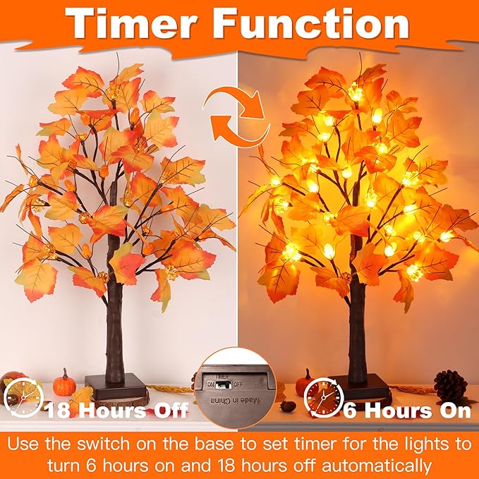 2 Pack 24 Inch Prelit Fall Maple Tree Fall Decor with 48 LED Timer Battery Operated Artificial Fall Light Up Tree Pumpkin Maple Acorn for Fall Thanksgiving Decorations Table Home Indoor Autumn Harvest-CasaMuseHome