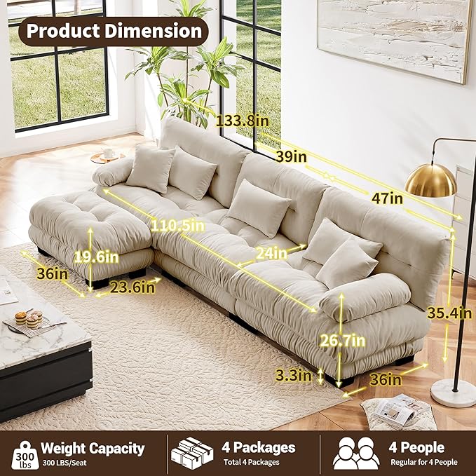 L Shaped Couch Sectional Couch, 3-Seater Cloud Couch Sectional Oversized Couch, Sofa Bed Couch with Round Bolster Armrests 5 Pillows, Modular Couch Home Sofa Living Room Couch-CasaMuseHome