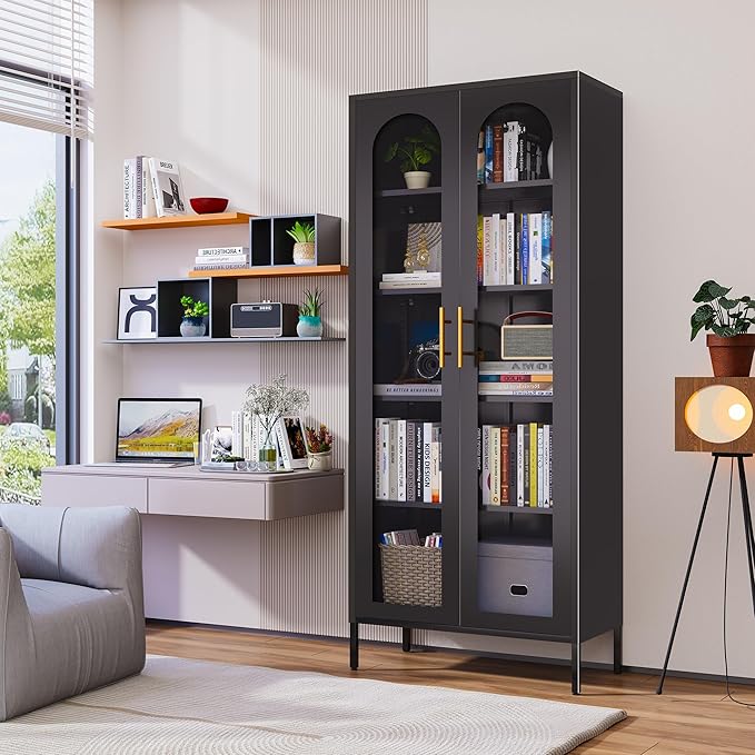 71" Tall Display Cabinet, 5-Tier Bookshelf with Doors & Adjustable Shelf, Modern Storage Cabinets Ideal for Book, Wine, Collectibles, Free Standing Bookcase for Home, Office, Living Room-CasaMuseHome