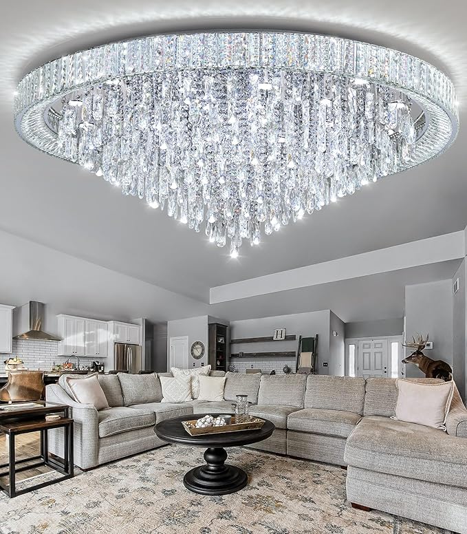 53.7'' Modern Chandeliers LED Dimmable Crystal Flush Mount Ceiling Chandeliers for Living Room High Ceiling Entrance Foyer Lobby Bedroom Silver-CasaMuseHome