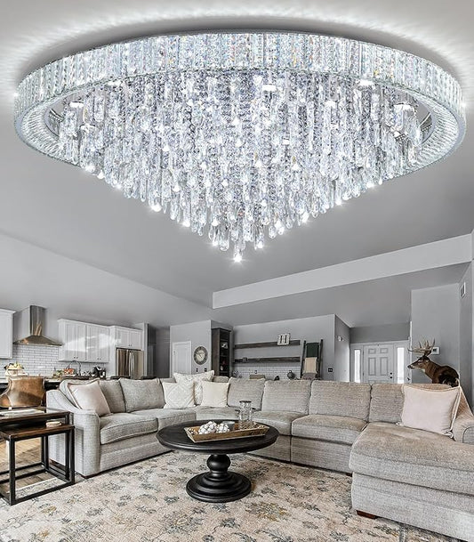 53.7'' Modern Chandeliers LED Dimmable Crystal Flush Mount Ceiling Chandeliers for Living Room High Ceiling Entrance Foyer Lobby Bedroom Silver-CasaMuseHome