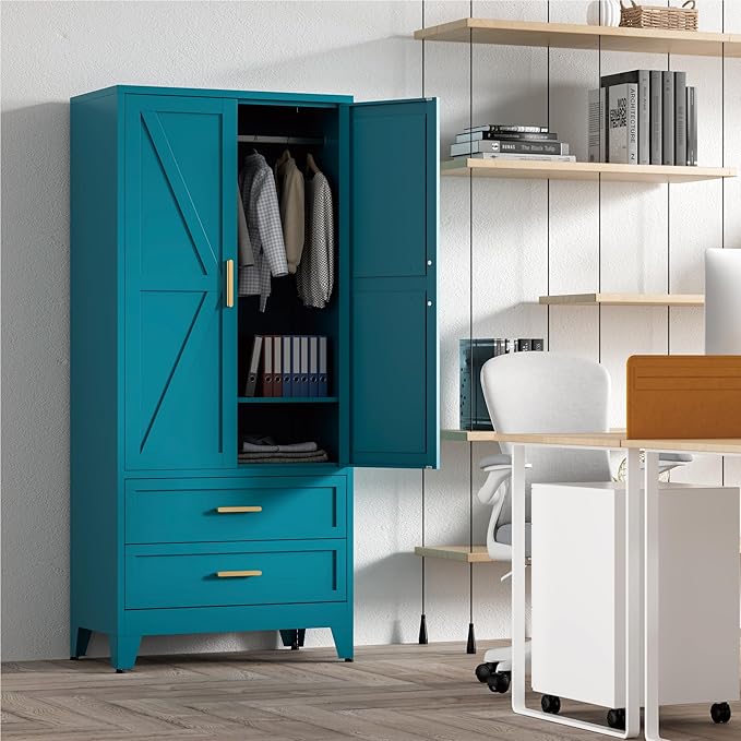 71'' Farmhouse Metal Wardrobe Cabinet with Hanging Rod, 2 Barn Door Wardrobe Closet with Adjustable Shelves,2 Drawer,for Dining Room,Bedroom,Living Room, Cloak Room,Office (Peacock Blue)-CasaMuseHome