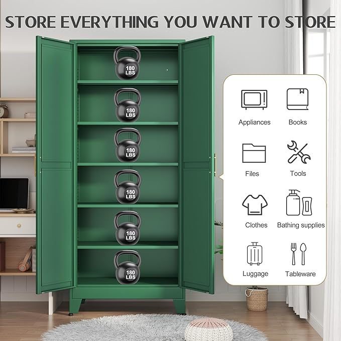 75.2" Tall Kitchen Food Pantry, Pantry Cabinet with 2 Door and 5 Adjustable Shelves, Green Laundry Room Cabinets, Freestanding Pantry for Kitchen, Study Room, Dining Room and Entryway-CasaMuseHome