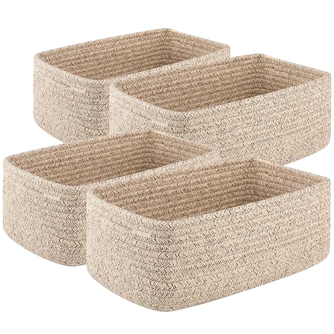4 Pack Small Storage Shelf Baskets for Organizing, Mini Woven Rope Storage Bins for Towels, Cute Decorative Closet Organizer，Baby Nursery, Gift Empty Baskets -11.81''Lx7.87''Wx4.72''H'-Brown-CasaMuseHome