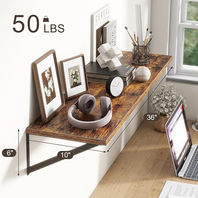 36"W x 10"D Floating Shelves, 10 Inch Deep Floating Shelves, Farmhouse Rustic Deep Wall Shelves for Home Decor, Wide Large Floating Shelf for Bathroom, Living Room, Kitchen, Study Room, Rustic Brown-CasaMuseHome