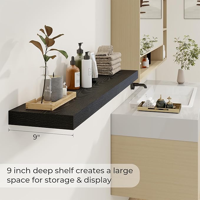 48 inch Floating Shelves for Wall Large Wall Mounted Shelves with Invisible Brackets, Black Long Shelves for Bathroom, Living Room, Kitchen, Office, 48x9.1 inch deep Set of 2-CasaMuseHome