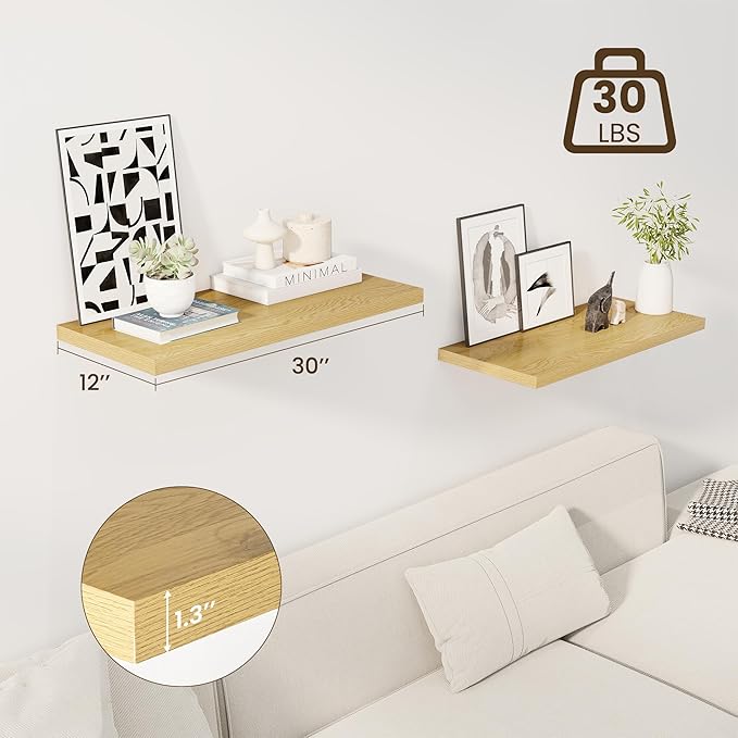 30" Floating Shelves for Wall, 12" Deep Slim Oak Floating Shelves, Wall-Mounted Shelves for Bedroom, Living Room, Kitchen, Bathroom - Set of 2-CasaMuseHome