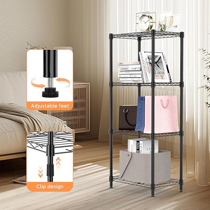 4 Tiers Shelf Metal Storage Shelves Wire Rack Closet Organizers with Wheel for Garage Kitchen Bathroom Laundry Black 11.8" D x 17.7" W x 41.9" H-CasaMuseHome