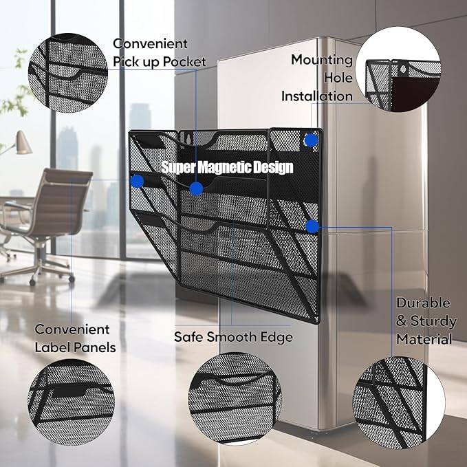 3-Tier Magnetic File Holder, No Drilling Installation File Cabinet Organizer, Black Magnetic File Organizer, Magazine Rack, Magnetic Paper Holder for Refrigerator, File Cabinets, Whiteboard-CasaMuseHome