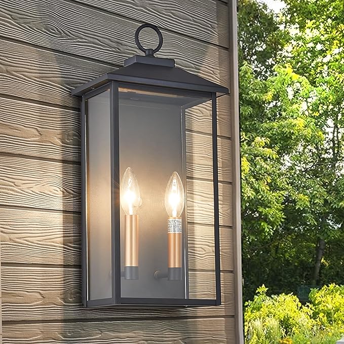 18 Inch Wall Light in Clear Glass and Textured Black and Golden Candle Cap Sleeve,Outdoor Lighting Wall Sconce,2-Light 120watts for House Doorway Garage,Bulb Not Included.-CasaMuseHome