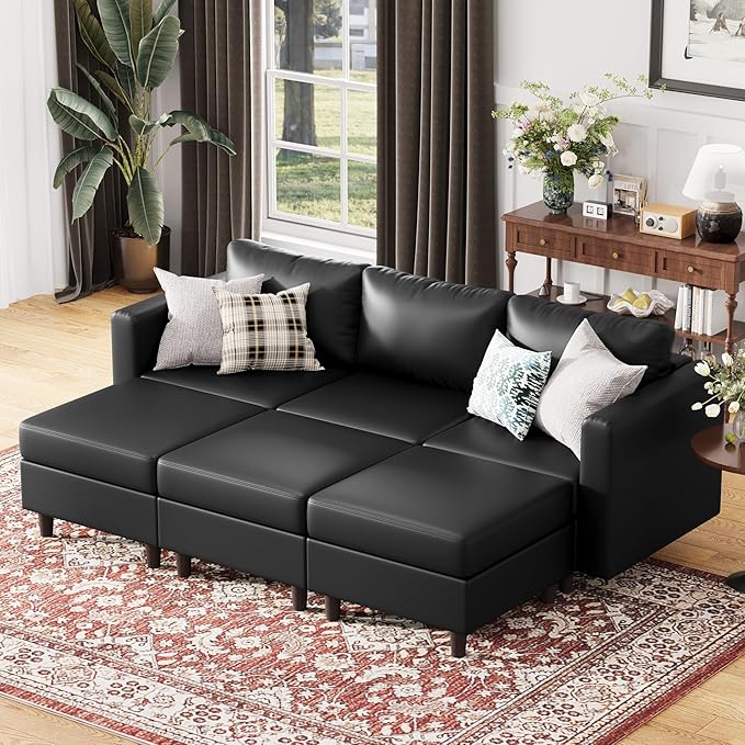 91.5" Luxury Modular Sleeper Sofa Bed with Storage Seat, 6 Seat Sectional Couch Deep Seat with Reversible Chaises & Removable Cover for Living Room - Faux Leather Black-CasaMuseHome