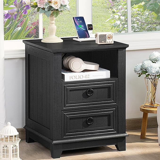 18" Farmhouse Night Stand with Charging Station, 2 Drawers End Table Dresser for Bedroom, Black Wooden Nightstand, Bed Side Table with Open Shelf, Bedside Cabinet for Living Room, Closet-CasaMuseHome