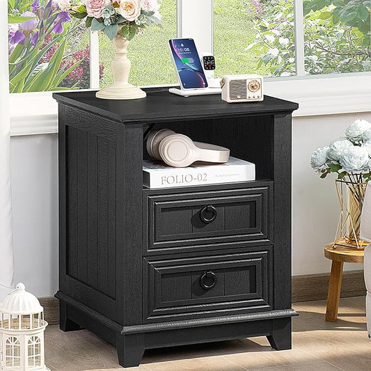 18" Farmhouse Night Stand with Charging Station, 2 Drawers End Table Dresser for Bedroom, Black Wooden Nightstand, Bed Side Table with Open Shelf, Bedside Cabinet for Living Room, Closet-CasaMuseHome