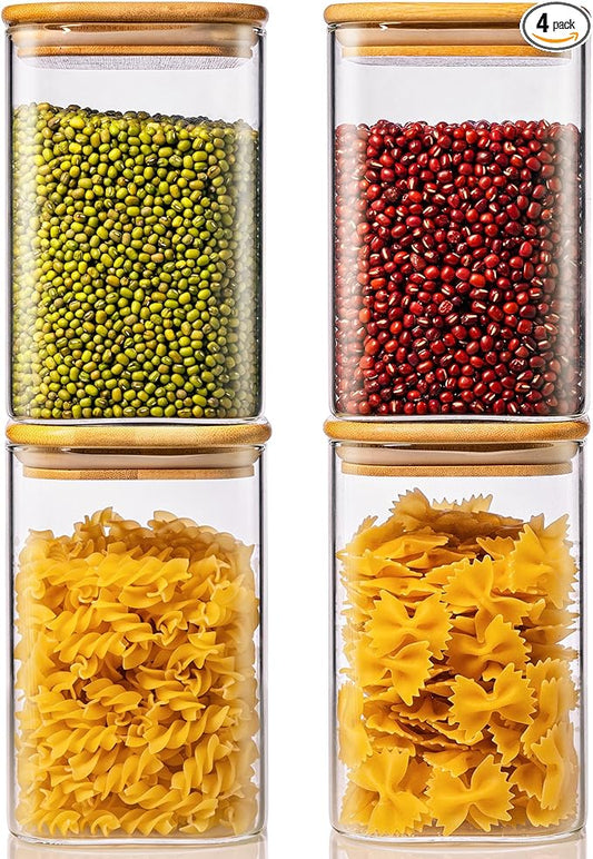42oz - 4 Pack Square Glass Jars with Bamboo Lids, Glass Food Storage Containers with Airtight Lids for Kitchen, Air Tight Pantry Storage Containers for Cereal, Pasta, Rice, Sugar, Coffee, Spice-CasaMuseHome