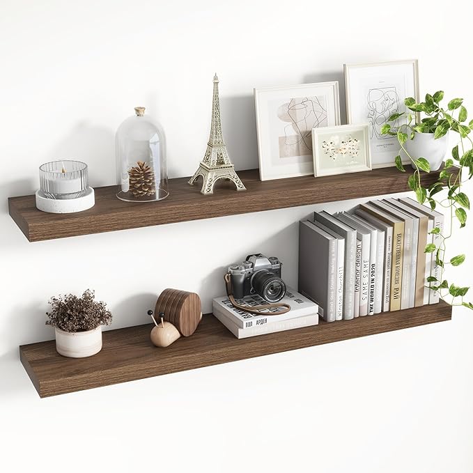 40 Inch Floating Shelves, 8 Inch Deep Floating Shelves for Wall, Hanging Shelf with Invisible Brackets, Deep Shelves for Bathroom, Bedroom, Living Room, Walnut, Set of 2-CasaMuseHome