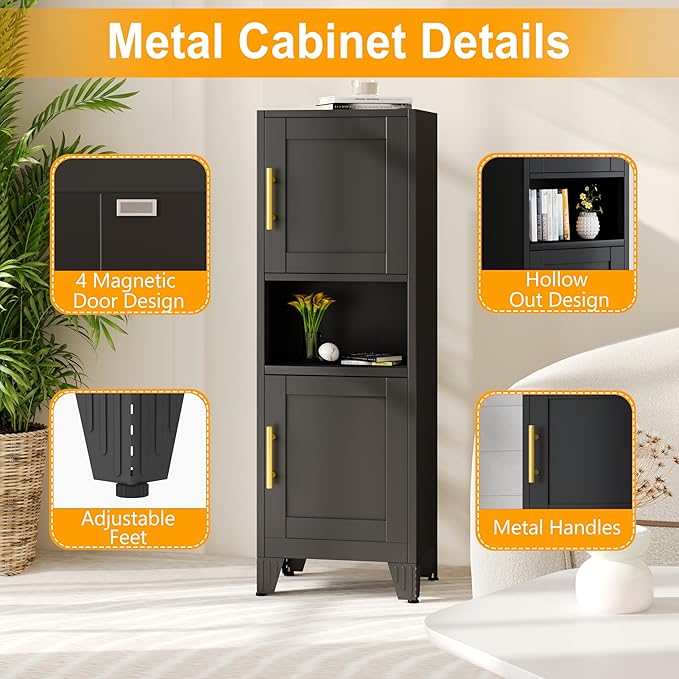 47.24" H Metal Narrow Bathroom Storage Cabinet Pantry Storage Cabinet, 2 Adjustable Shelves for Kitchen, Home Office, Living Room, Dinning Room (Black)-CasaMuseHome