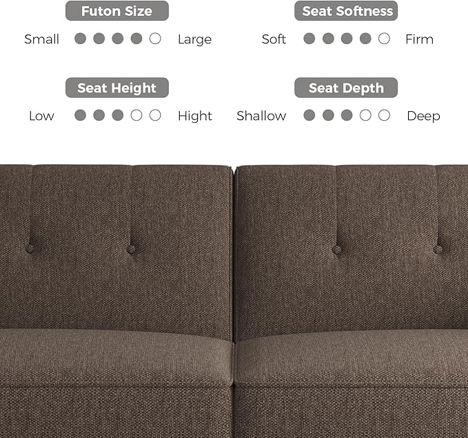 89” Futon Sofa Bed, Linen Comfy Futon Couch Bed with 2 Square Pillows, Convertible Sleeper Sofa with Adjustable Backrest& Armrests, Modern Loveseat Sleeper for Living Room, Bedroom, Brown-CasaMuseHome