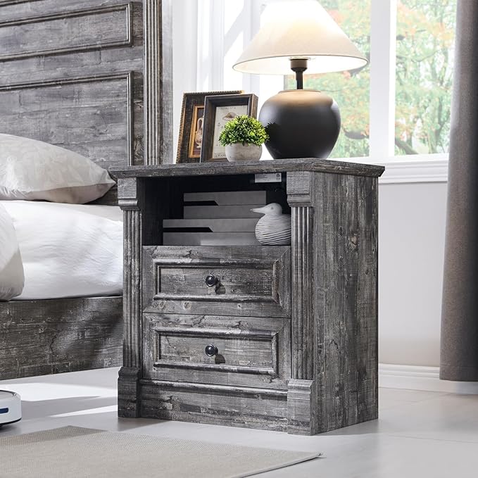 26" Tall Farmhouse Nightstand, 2 Drawers End Table w/Charging Station, 23.6" Wide Large Side Table w/Roman Column, Wood Rustic Sofa Table w/Open Shelf, Bedside Table for Bedroom, Light Gray-CasaMuseHome