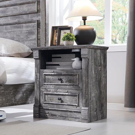 26" Tall Farmhouse Nightstand, 2 Drawers End Table w/Charging Station, 23.6" Wide Large Side Table w/Roman Column, Wood Rustic Sofa Table w/Open Shelf, Bedside Table for Bedroom, Light Gray-CasaMuseHome
