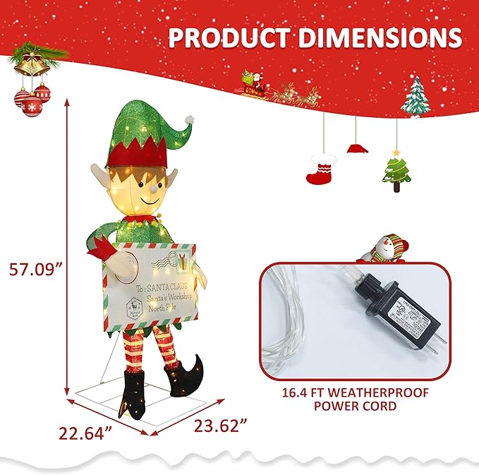 4.8FT Lighted Elf with Envelope Outdoor Christmas Decoration, 3D Pre-Lit Elf Decor with 100 LED Lights for Christmas, Freestanding Glittered Holiday Display for Outdoor, Indoor-CasaMuseHome