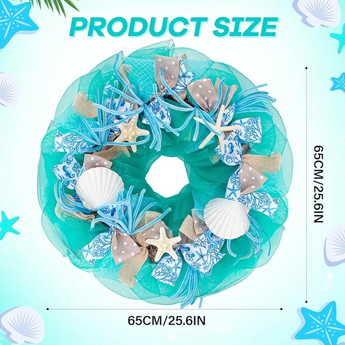 26 Inch Coastal Seashell Large Wreath with Natural Starfish & Scallops Shell, Lake Blue Beach Style Front Door Wreath with for Spring Summer, Farmhouse Rustic Indoor Outdoor Home Wall Wedding Decor-CasaMuseHome