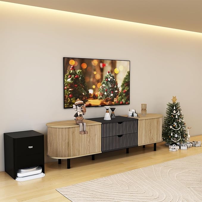 71" Tambour Door TV Stand,Wood Mid Century Modern TV Cabinet for Up to 85“ TV,Curved Edge Long TV Stand with Storage for Bedroom Living Room(Natural, 71inch)-CasaMuseHome