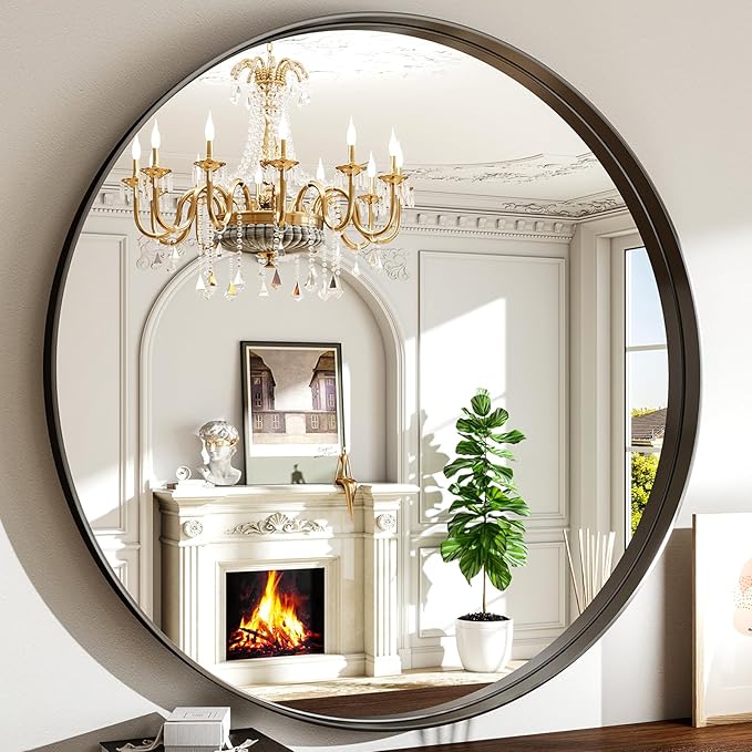 48 Inch Round Bathroom Mirror - Wall Mounted Circle Mirror with Metal Frame, Modern Mirror Suitable for Bathroom, Vanity, Entryway, Living Room, Wall Decor,Black-CasaMuseHome