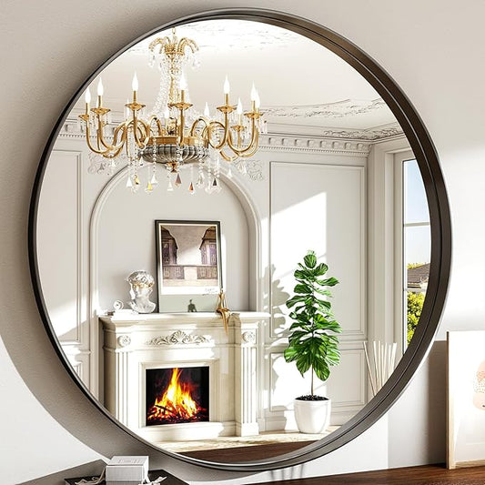 48 Inch Round Bathroom Mirror - Wall Mounted Circle Mirror with Metal Frame, Modern Mirror Suitable for Bathroom, Vanity, Entryway, Living Room, Wall Decor,Black-CasaMuseHome