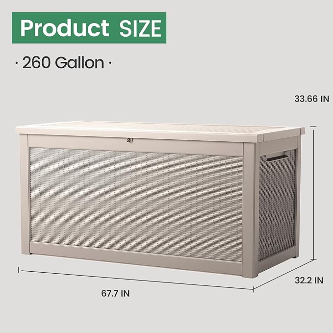 260 Gallon Storage Box, Waterproof Resin Deck Box with Steel Support & Hydraulic Rod, Lockable Storage Bench for Indoor & Outdoor Use, Storage Bin for Patio Cushions, Garden Tools, Grey-CasaMuseHome