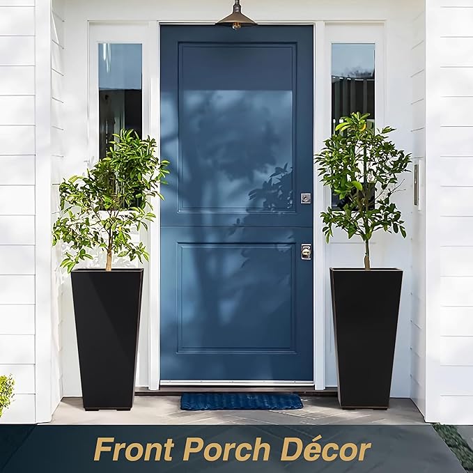 26 Inch Planter Tall Tapered Planter for Front Porch, Patio, Deck, Garden Indoor/Outdoor Tree Planters, Set of 4, Black with Copper Hand Brushed Rim-CasaMuseHome