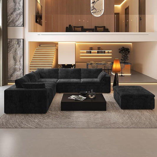 118" 6-Seater Cloud Sofa,Modular Sectional Couch with Ottoman,Modern Deep Seat Upholstered Couches with Corduroy Fabric for Living Room Furniture,Bedroom and Apartment,No Assembly Required,Black-CasaMuseHome