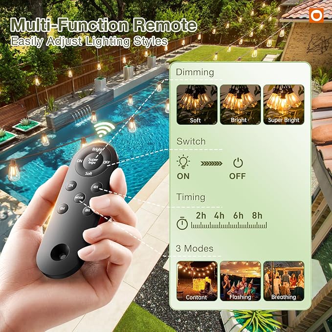 addlon 2 Pack*102FT(96+6) Solar String Lights Waterproof, Patio Lights Solar Powered with Remote & USB Port, 3 Lighting Modes 60+4 LED Shatterproof Bulbs Outdoor Light for Camping Backyard Garden-CasaMuseHome