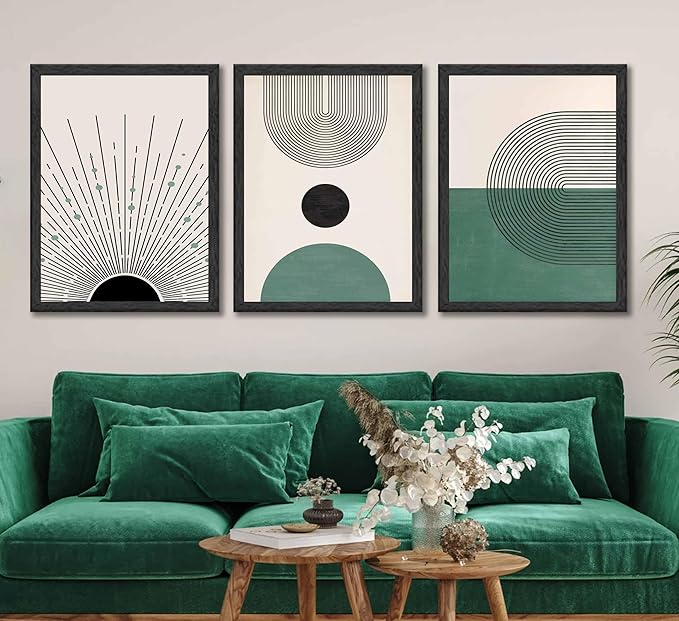 3 Pcs Sage Green Boho Canvas Wall Art Modern Abstract Minimalist Neutral Bohemian Sun Geometric Line Painting Picture Wall Decor Poster Print Artwork for Living Room Bedroom Home Decoration Unframed-CasaMuseHome