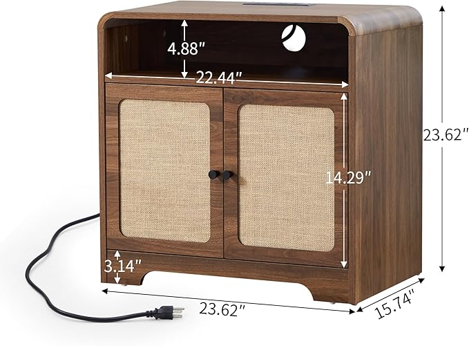 24" Large Side Table with Charging Station, Mid Century Modern End Table with USB/Type-C Ports, Curved Wood Nightstand with Storage & Natural Linen, Couch Side Table for Living Room Bedroom, Walnut-CasaMuseHome