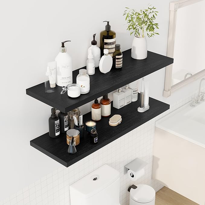 40" Floating Shelves for Wall, 12" Deep Slim Black Floating Shelves, Wall-Mounted Shelves for Bedroom, Living Room, Kitchen, Bathroom - Set of 2-CasaMuseHome