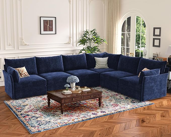 136.4" Oversized Modular Sectional Sleeper Sofa Bed, U Shaped Convertible Couch with Movable Ottoman, Large 8 Seat Corner Couches for Living Room Deep Seat Blue Chenille-CasaMuseHome
