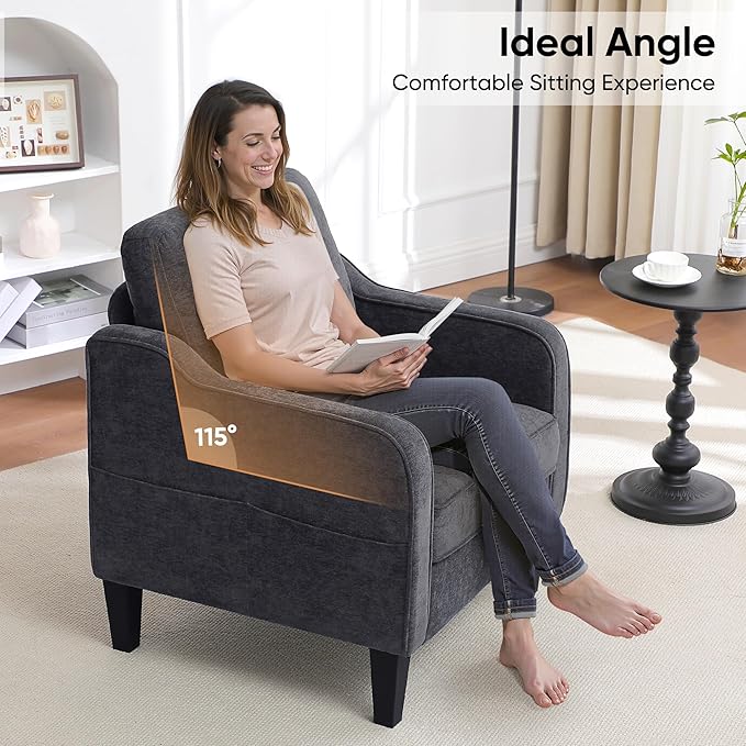 Accent Chair for Living Room, Mid Century Modern Reading Chair for Bedroom, Upholstered Armchair with Side Pockets, Comfy Single Sofa Side Chair for Office, Apartment, Small Room, Dark Grey-CasaMuseHome