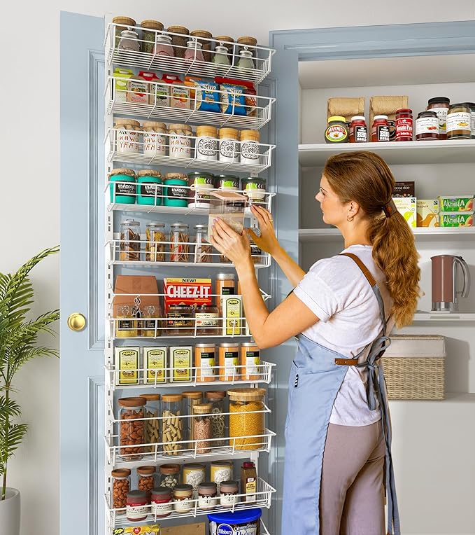 White 10-Tier Over The Door Pantry Organizer, Pantry Organization and Storage, Metal Hanging Adjustable Basket, Wall Spice Rack Seasoning Shelves, Home & Kitchen Essentials-CasaMuseHome