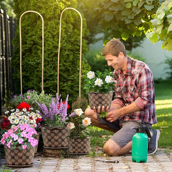16 Inch Planter Pots for Plants, Plastic Large Flower Pots Indoor Outdoor, 4 Pack Resin Plant Pot with Drainage & Saucer, Retro Decorative Garden Pot with Removable Trays for House-CasaMuseHome