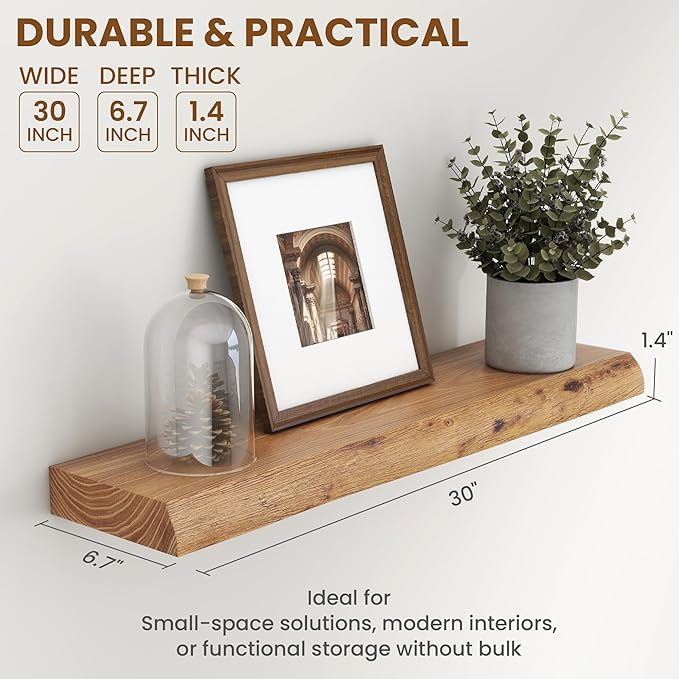 30" Floating Shelves, Live Edge Solid Elm Wood Floating Shelf, Wall Mounted Display Shelves with Heavy-Duty Bracket for Books, Rustic Wooden Shelf for Kitchen, Bathroom, Natural Color, Set of 2-CasaMuseHome