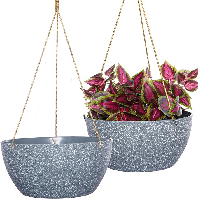 13 Inch 2 Pack Large Hanging Planters for Indoor Outdoor Plants, Plastic Hanging Basket Pots for House Plants Flowers, Grey-CasaMuseHome
