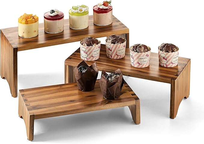 Acacia Wood Risers Display Stands Set of 3 - Wooden 3 Tier Cupcake Stand - 3 Tiered Riser for Vendors - Decorative Display Risers for Food Desserts Stand, Perfume, Funko POP at Party Wedding-CasaMuseHome