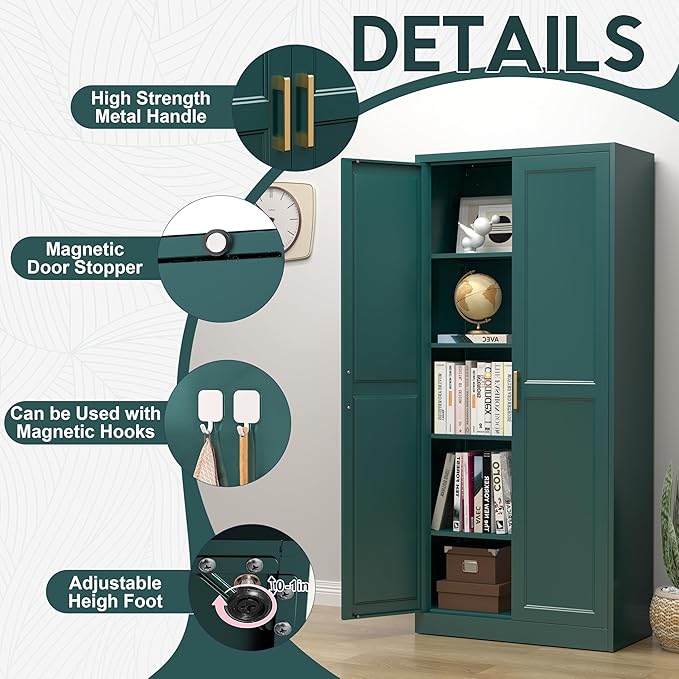 71" Storage Cabinet, Metal Pantry Cabinet, Kitchen Pantry Storage Cabinets with Doors and 4 Shelves, Cabinets for Laundry Room, Living Room, Dinning Room, Assembly Required, Green-CasaMuseHome