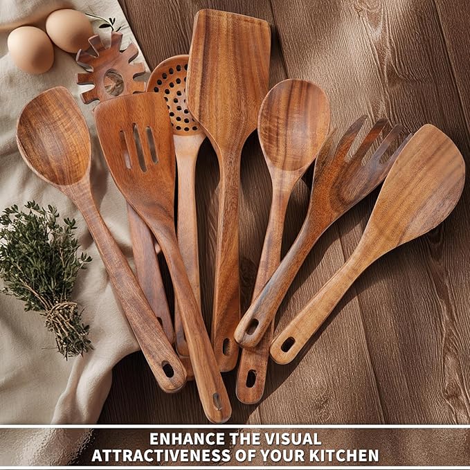 9 PCS Kitchen Utensils Set - Wooden Spoons for Cooking, Natural Teak Wooden Utensils - Includes Wooden Spoons, Spatula Set, Slotted Spoon - Handmade Wooden Spoon Set-CasaMuseHome