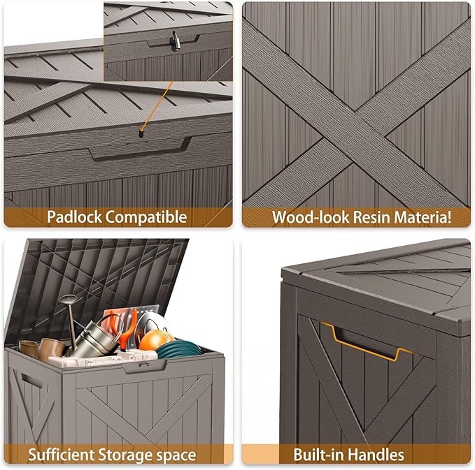 32 Gallon Deck Box Large Outdoor Storage for Patio Furniture,Outdoor Cushions,Garden Tools and Pool Supplies,Waterproof,Resin,Lockable(Grey)-CasaMuseHome