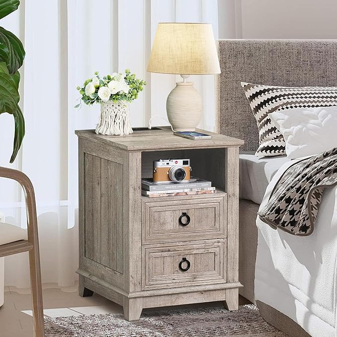 18" Farmhouse Night Stands Set of 2 with Charging Station, 2 & 3 Drawers End Table Dresser for Bedroom, Oak Wooden Nightstand, Bed Side Table with Open Shelf, Bedside Cabinet for Living Room-CasaMuseHome
