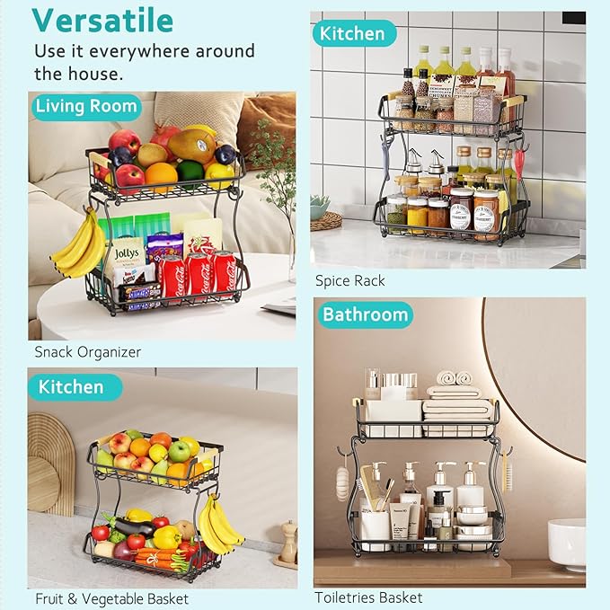 2 Tier Fruit Basket with 2 Banana Hangers, Detachable Countertop Fruit Bowls for Kitchen Counter, Metal Wire Fruit Vegetable Storage Holder Stand with Wooden Handles for Bread, Snacks, Veggies-CasaMuseHome